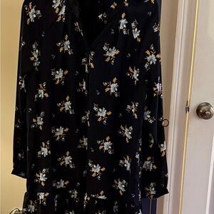 LOFT BlueFloral Long Sleeve Flounce Dress